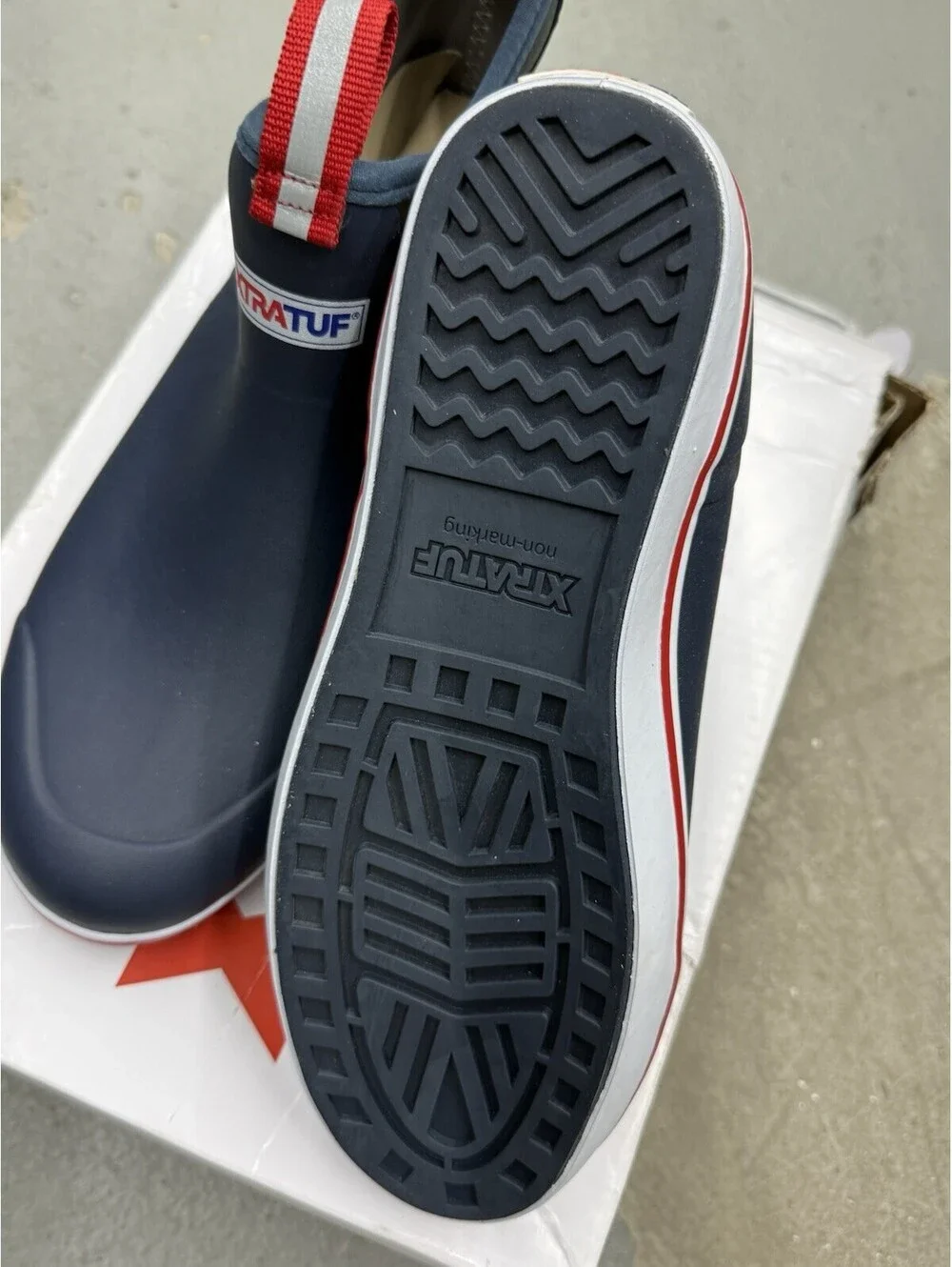 XTRATUF 22733 Ankle Deck Boots Men’s Size 10 Navy Red Waterproof Slip Resistant